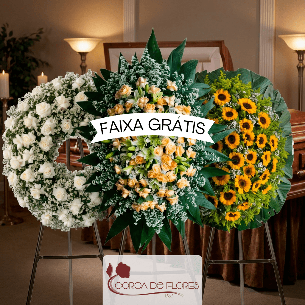 Três coroas de flores para velório com faixa de homenagem